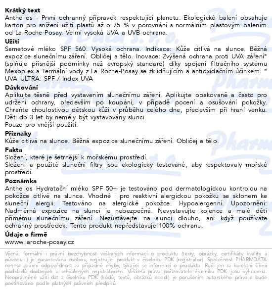 Příbalový leták - LA ROCHE-POSAY ANTHELIOS mléko hydratační SPF50+ 75ml