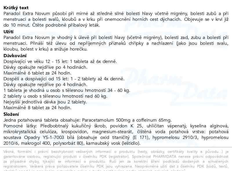 Příbalový leták - Panadol Extra Novum 500mg/65mg, tablety na bolest a snížení horečky 24 tablet