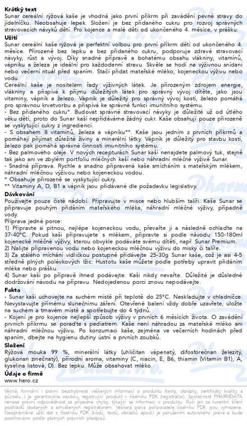 Příbalový leták - Sunar Cereální kaše rýžová od ukončení 4.měs.210g
