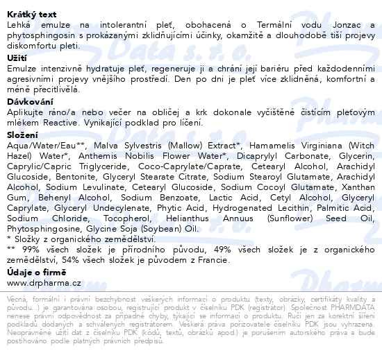 Příbalový leták - JONZAC REACTIVE Lehká emulze pro intolerantní pleť BIO 40ml