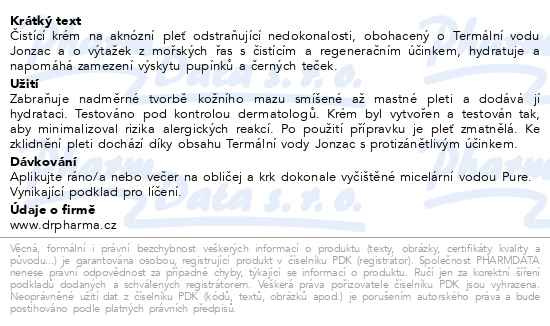 Příbalový leták - JONZAC PURE Čistící krém na aknózní pleť BIO 50ml