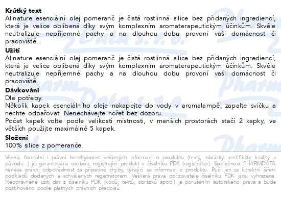 Příbalový leták - Allnature Esenciální olej Pomeranč 10ml