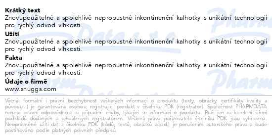 Příbalový leták - Snuggs Inkontinenční kalhotky silná absorpce M