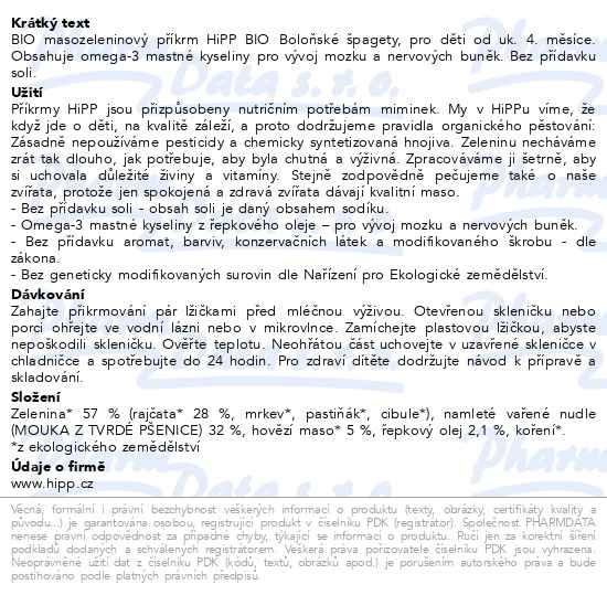 Příbalový leták - HiPP BABY BIO Boloňské špagety 190g