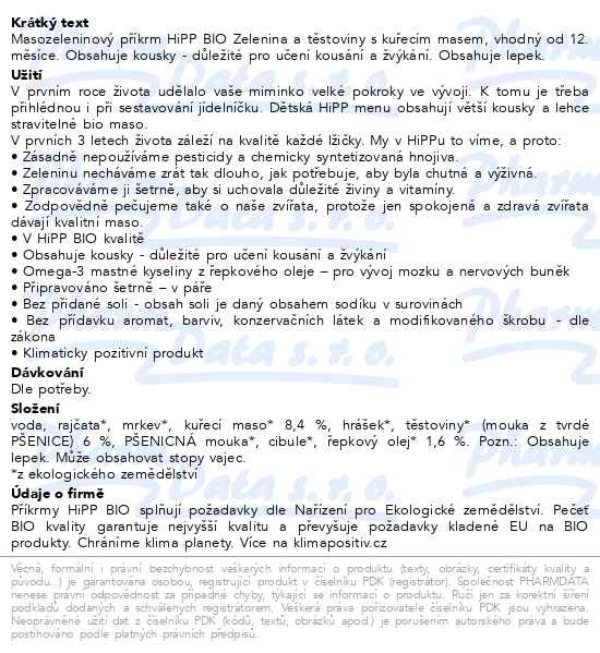 Příbalový leták - HiPP MENU BIO Zelenina a těstoviny s kuřecím masem 220g