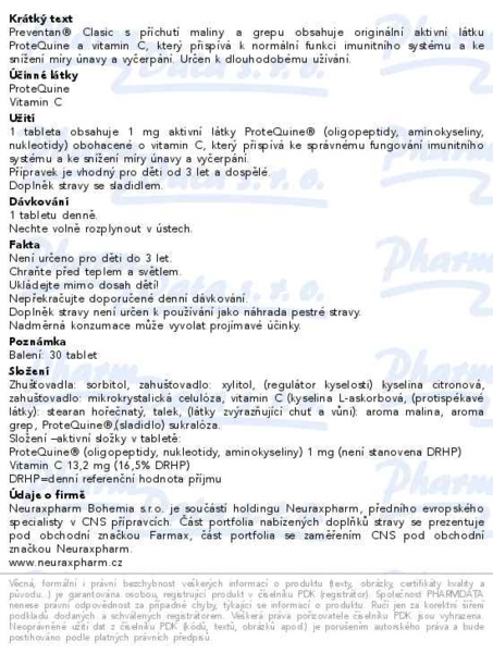 Příbalový leták - Preventan Clasic s příchutí maliny a grepu 30 tablet