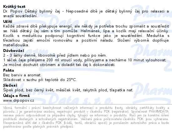 Příbalový leták - Dr.Popov Dětský bylinný čaj Neposedné dítě 20x1.5g