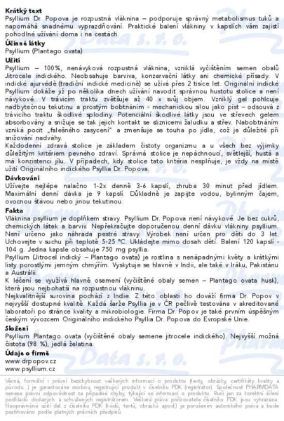 Příbalový leták - Dr.Popov Psyllium Psyllicol 120 kapslí