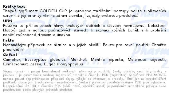 Příbalový leták - Thajská tygří mast Golden Cup Balm 50g