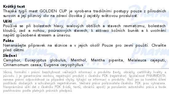 Příbalový leták - Thajská tygří mast Golden Cup Balm 22g